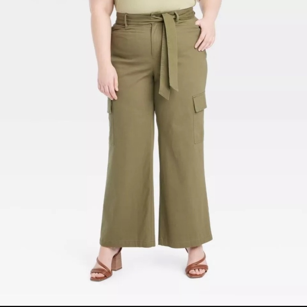 Ava & Viv High-Rise Wide Leg Cargo Pants Tan Women Olive Green 🫒 Plus Sizes - Picture 2 of 5